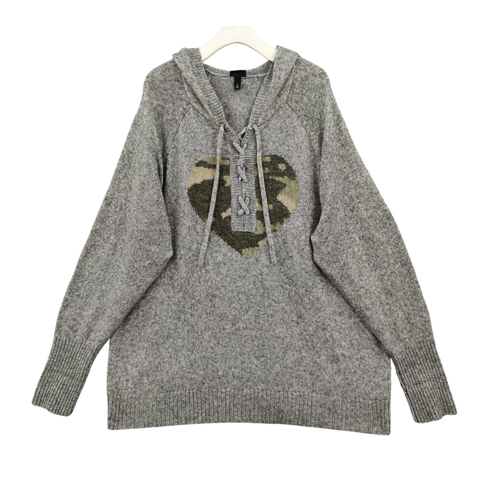 Torrid Women Gorpcore Camo Heart Hooded Sweater 4X Gray Lace Up Knit Pullover